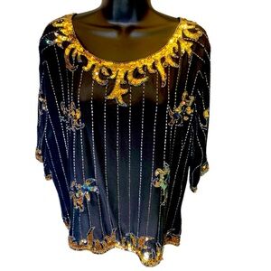 VTG Argenti Womens Black Party Top Size Medium Silk Beaded Sequined Vintage 80s
